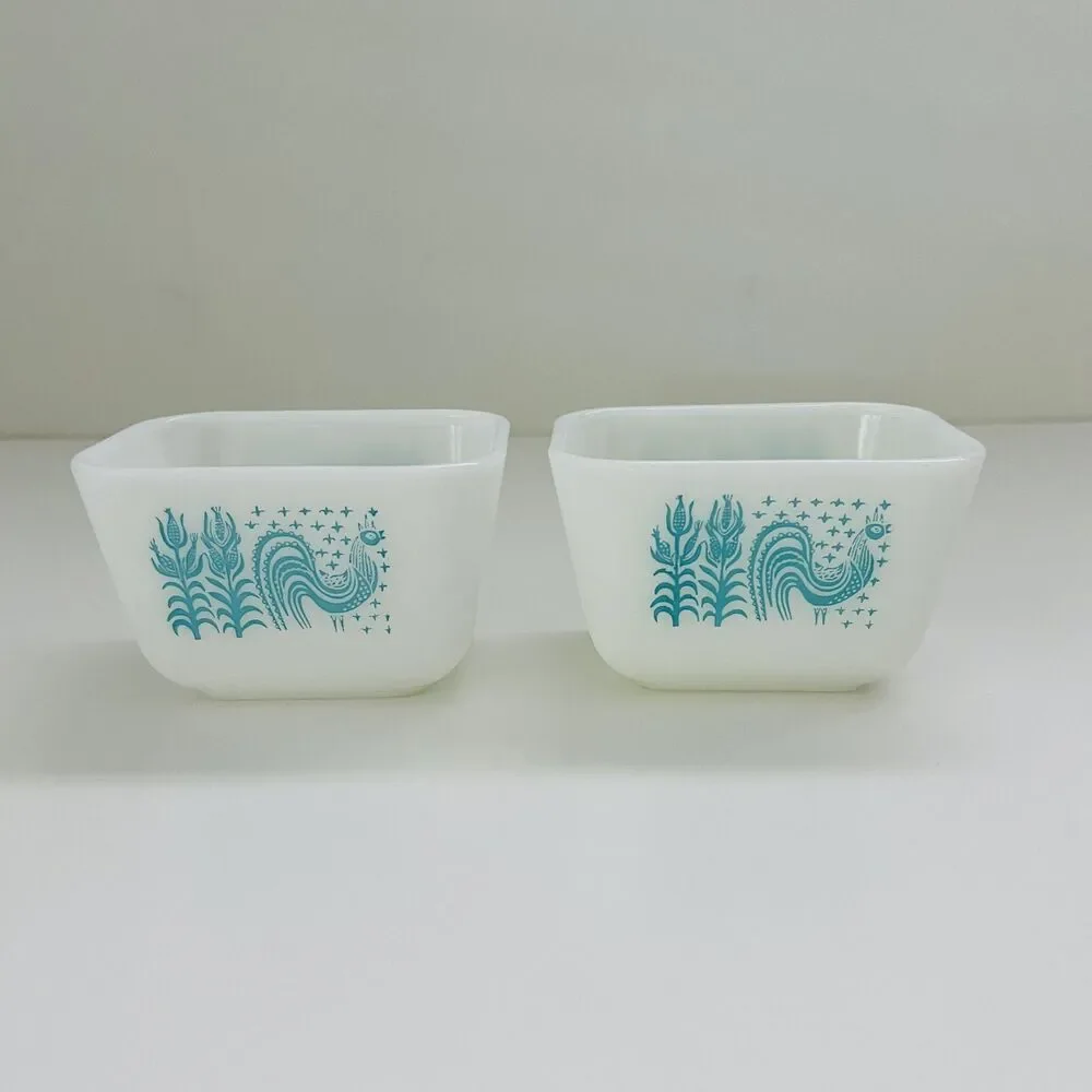 PYREX Amish Butterprint Teal Rooster & Corn 501 Refrigerator Dish, Set of 2